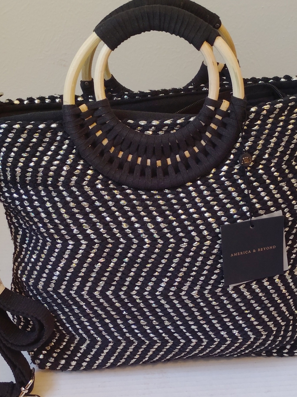 America And Beyond Black Woven Tote with Round Handles